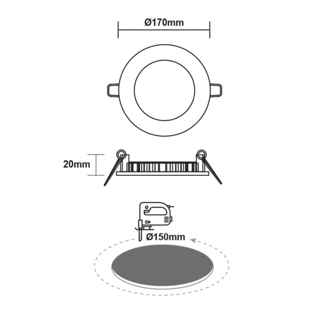 LED ΠΑΝΕΛ ΧΩΝΕΥΤΟ 230V AC 12W 3000K 1040LM Ra80 Φ170mm ΛΕΥΚΟ ΣΤΡΟΓΓΥΛΟ