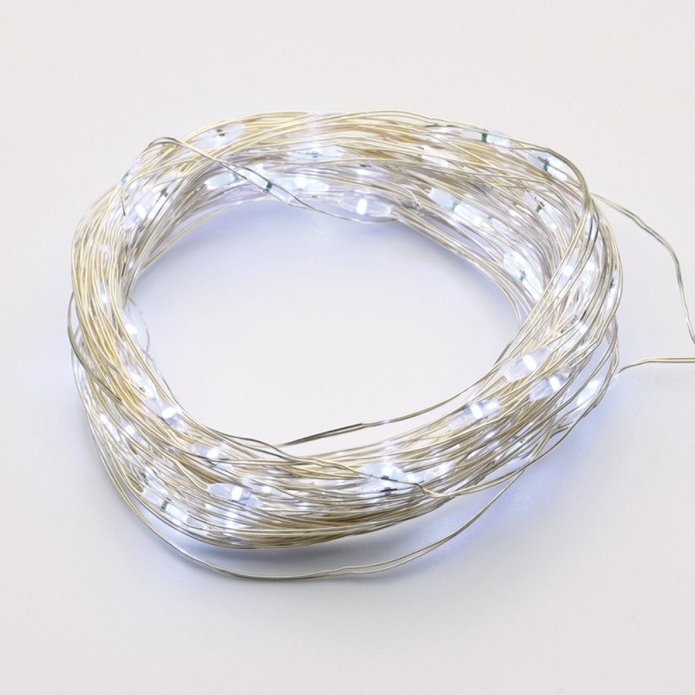 ΛΑΜΠΑΚΙΑ 100 LED 1.8W ΣΕ ΣΕΙΡΑ ΨΥΧΡΟ ΛΕΥΚΟ ΚΑΟΥΤΣΟΥΚ ΑΣΗΜΙ ΑΝΑ 10mm ΑΝΤΑΠΤΟΡΑ 3VDC ΜΕ 8 ΠΡΟΓΡΑΜΜΑΤΑ &amp; ΚΑΛΩΔΙΟ ΧΑΛΚΟΥ 3m IP44