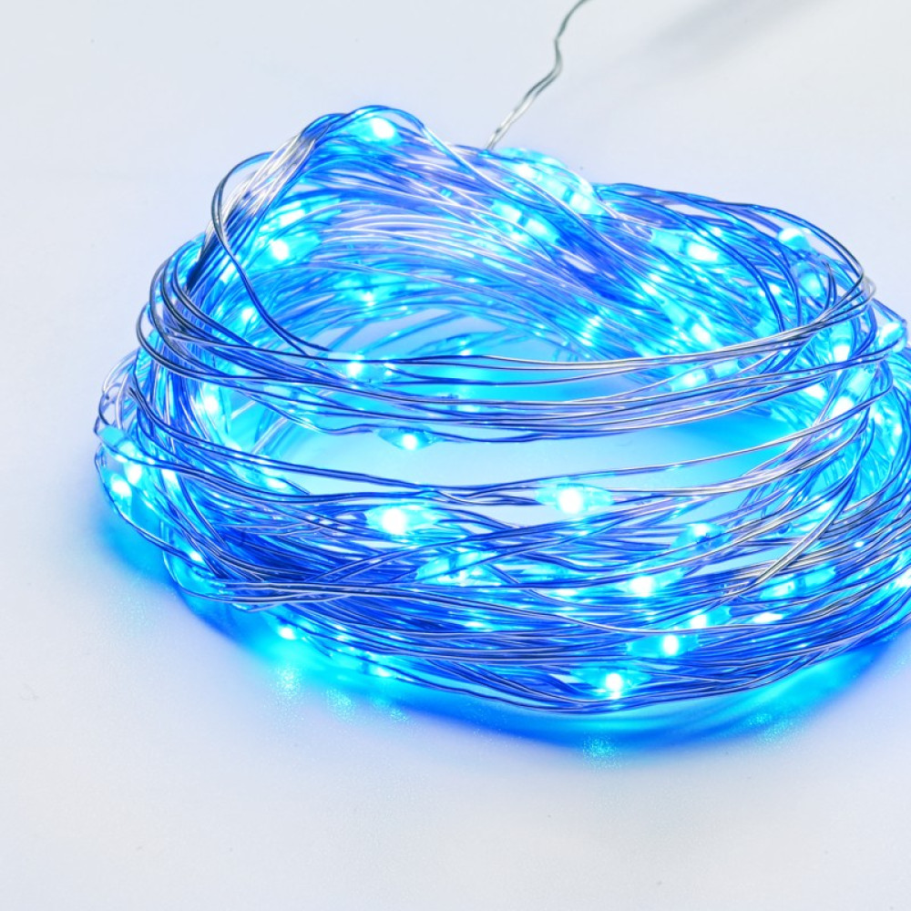 ΛΑΜΠΑΚΙΑ 100 LED 1.8W ΣΕ ΣΕΙΡΑ ΘΕΡΜΟ ΛΕΥΚΟ ΚΑΟΥΤΣΟΥΚ ΜΠΛΕ ΑΣΗΜΙ ΑΝΑ 10mm ΑΝΤΑΠΤΟΡΑ 3VDC ΜΕ 8 ΠΡΟΓΡΑΜΜΑΤΑ &amp; ΚΑΛΩΔΙΟ ΧΑΛΚΟΥ 3m IP44