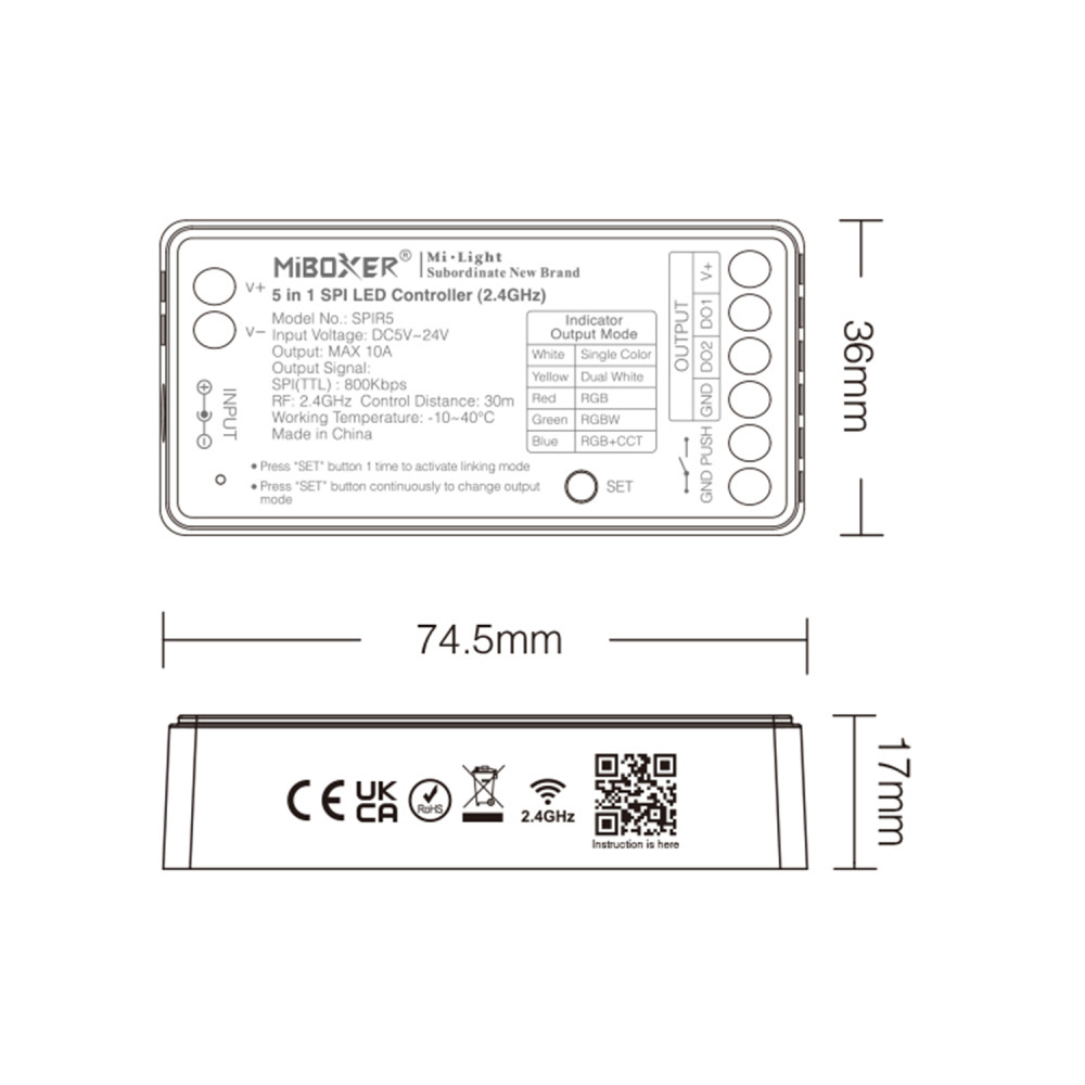 CONTROLLER SPI 5-24V MONO/CCT/RGB/RGBW/RGB+CCT