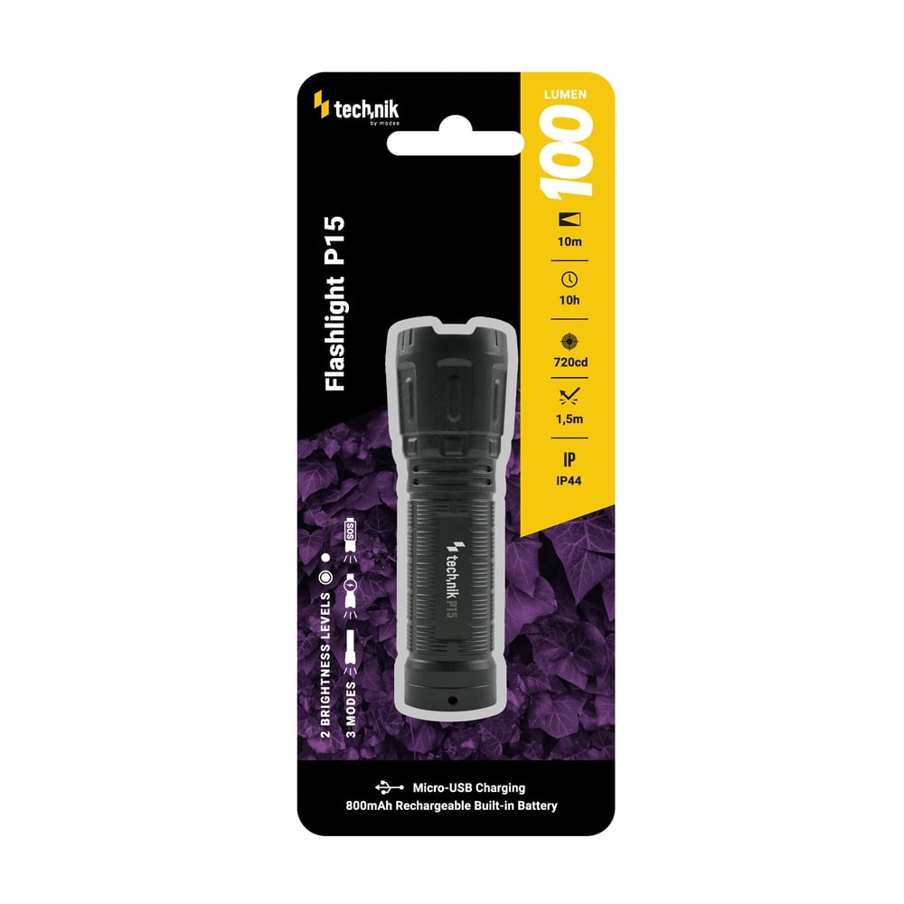 Technik Φακός P15 (+1x18650 800mAh) XPE LED + micro USB (100 lumen)