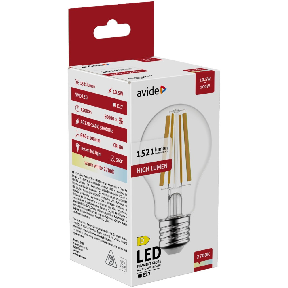 Avide LED Filament Κοινή 10.5W E27 A65 360° Θερμό 2700K Υψηλής Φωτεινότητας