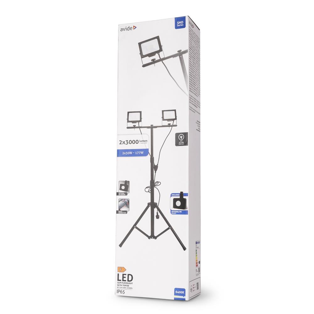 Avide LED Flood Light Slim Αισθητήρας PIR, SMD 2x30W CW 6400K 2 Κεφαλές με Τρίποδο