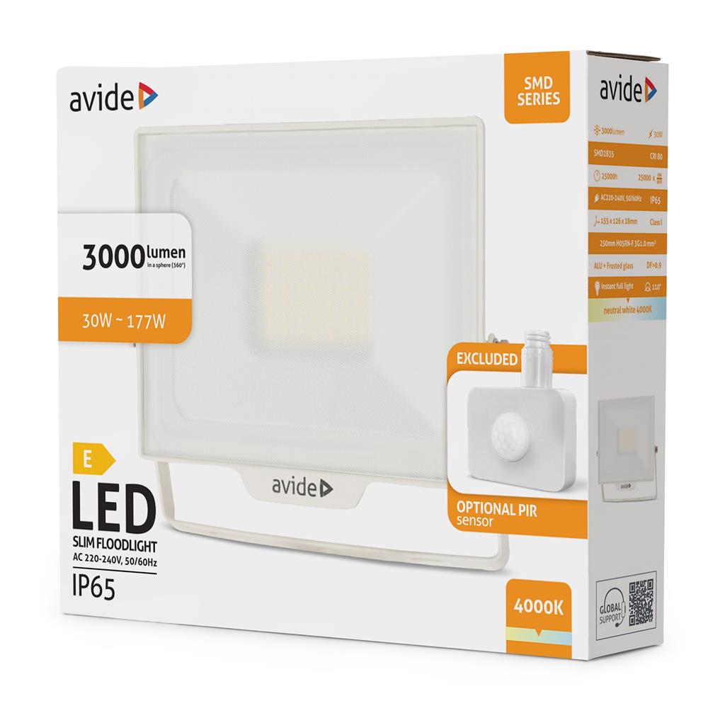 Avide Προβολέας LED SMD 30W NW 4000K με Δυνατότητα Προσθήκης Αισθητήρα PIR Λευκό
