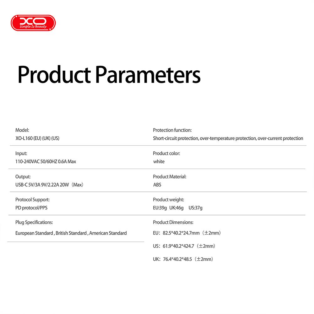 XO L160(UK) Φορτιστής Γρήγορης Φόρτισης 20W 1USB-C