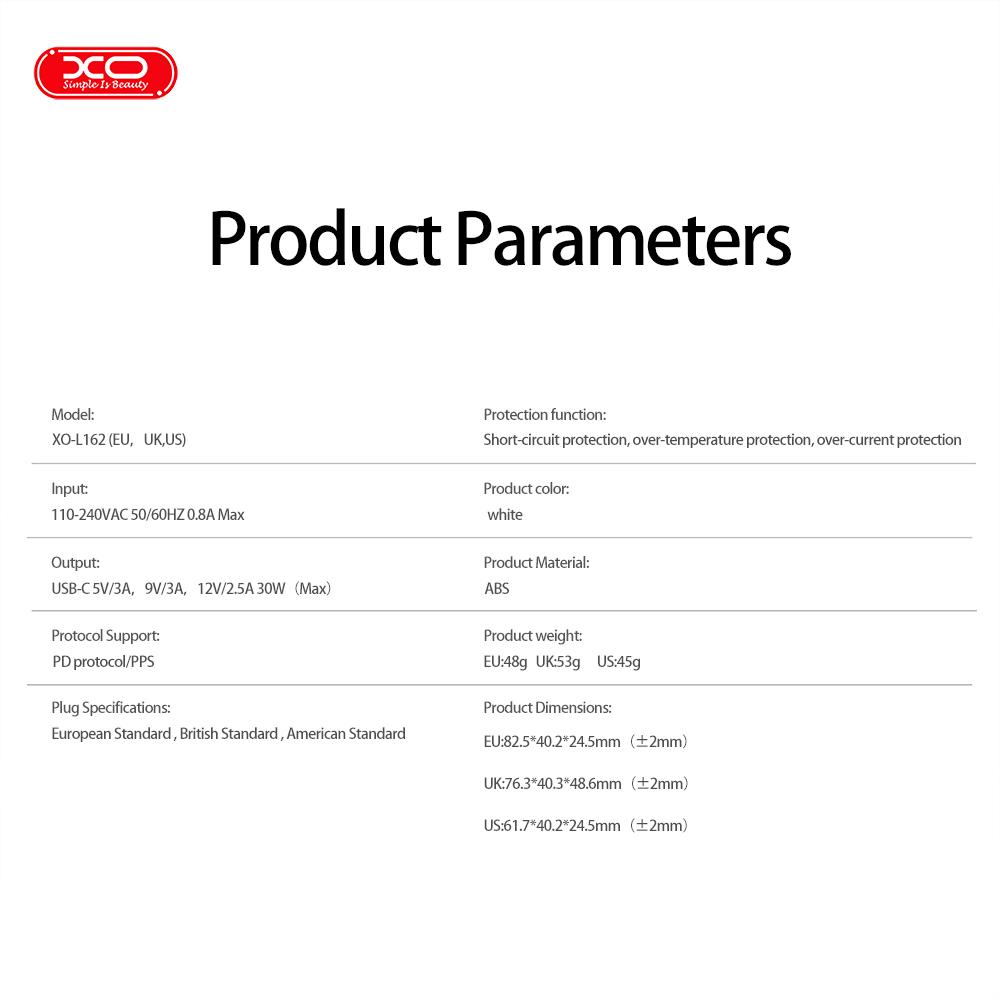 XO L162 EU 30W Φορτιστής Γρήγορης Φόρτισης Type-C με Καλώδιο Type-C