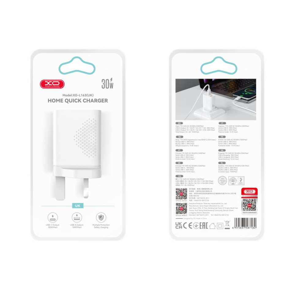 XO L163 PD30W QC Φορτιστής UK Γρήγορης Φόρτισης 18W USB-A & Type-C