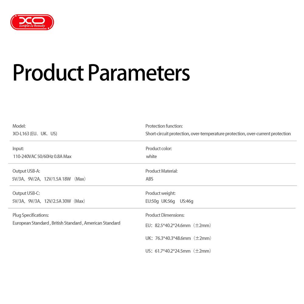 XO L163 PD30W QC Φορτιστής UK Γρήγορης Φόρτισης 18W USB-A & Type-C