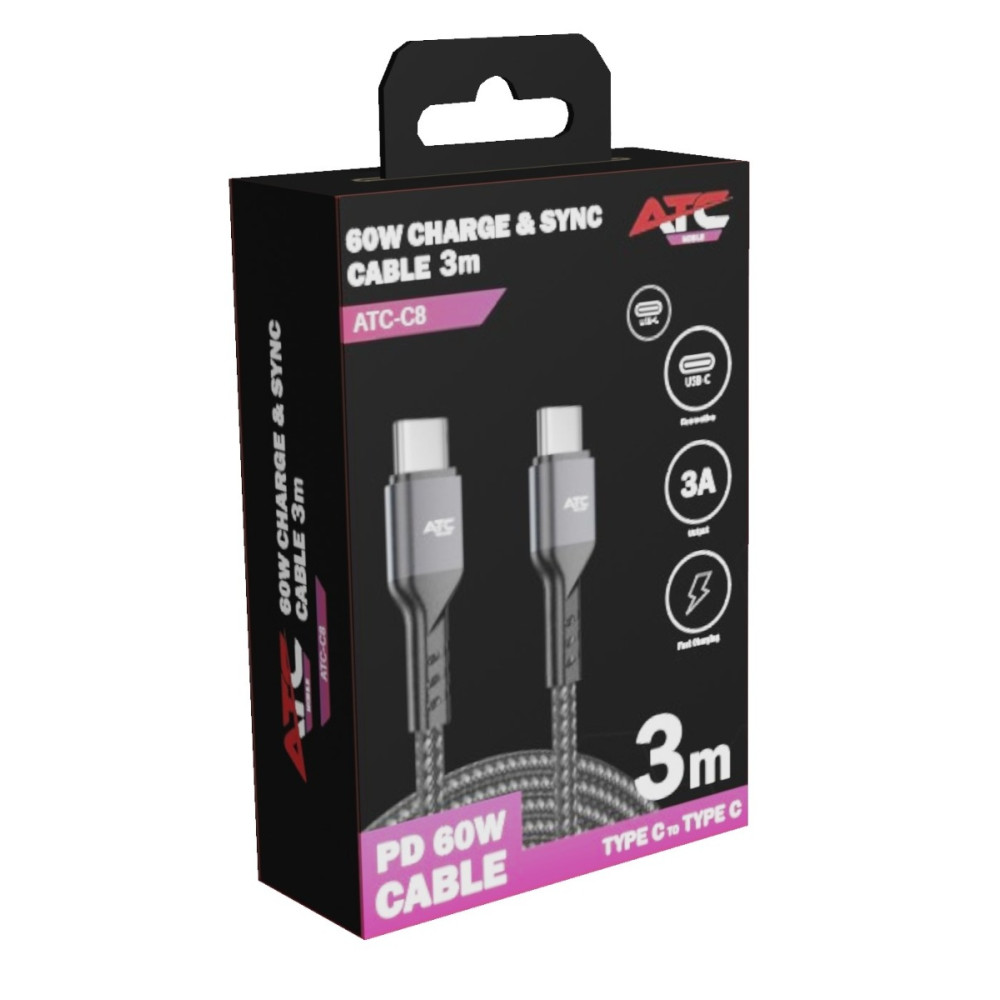 ATC-C8 Καλώδιο Φόρτισης & Συγχρονισμού USB-C σε USB-C 60W 3m