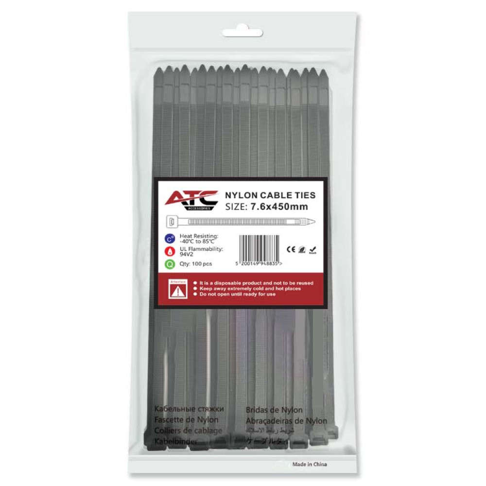 ATC Δεματικά 7.6x450mm Νάιλον Μαύρα 100τμχ Σακουλάκι