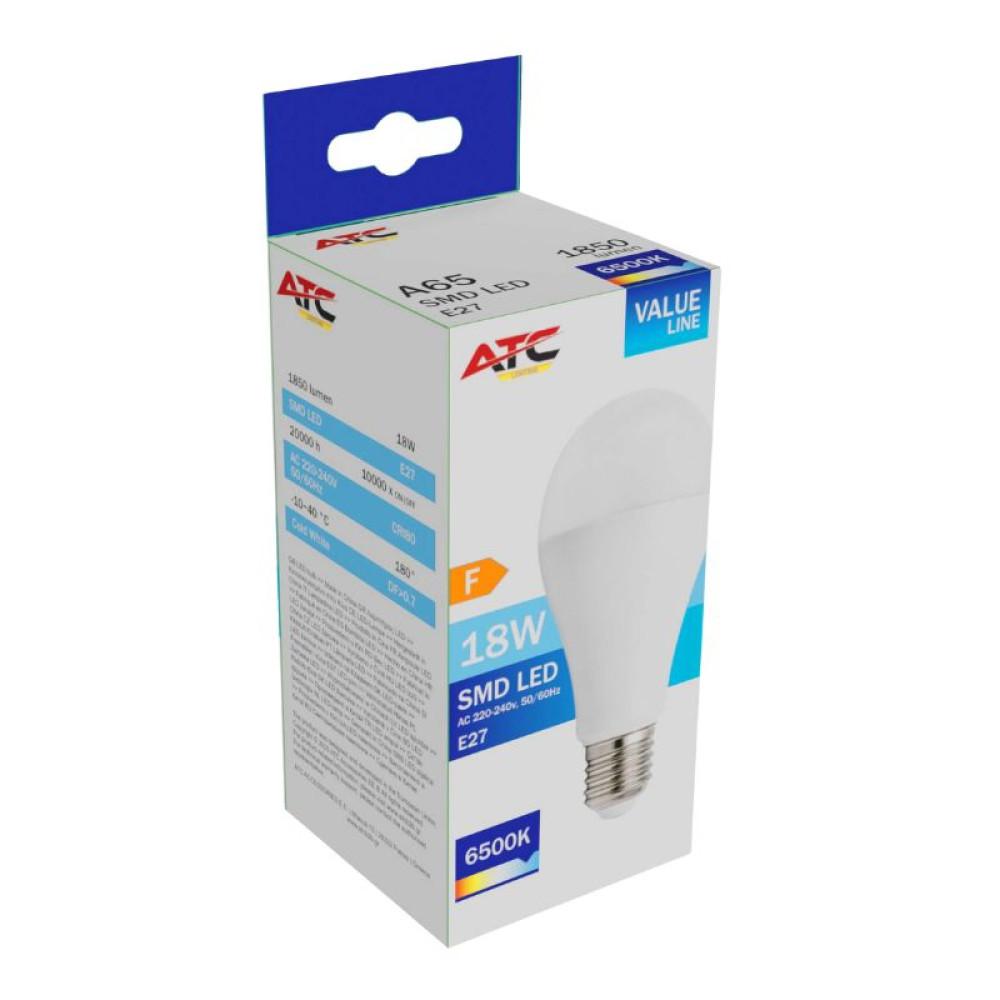ATC SMD LED Λαμπτήρας A65 230V 18W/1850LM E27 6500K