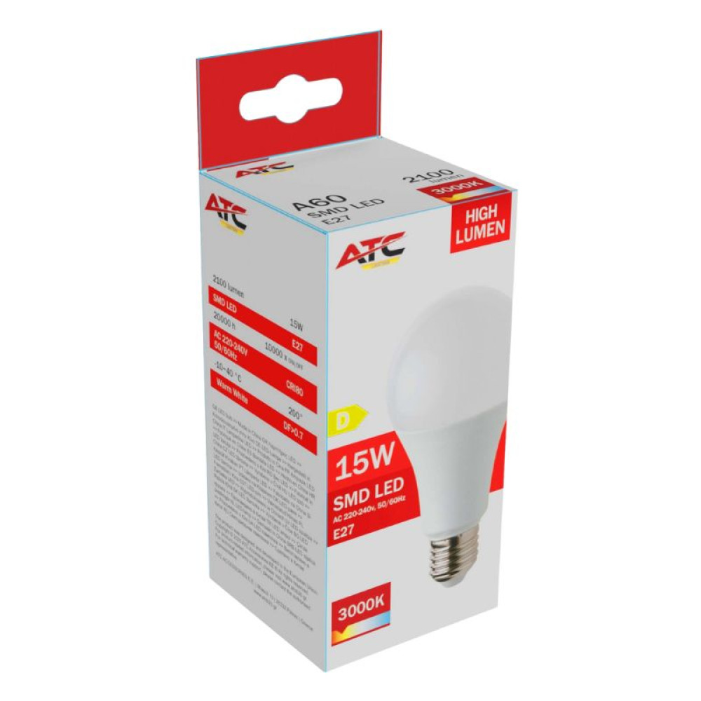 ATC SMD LED High Lumen Λαμπτήρας A60 230V 15W/2100LM E27 3000K