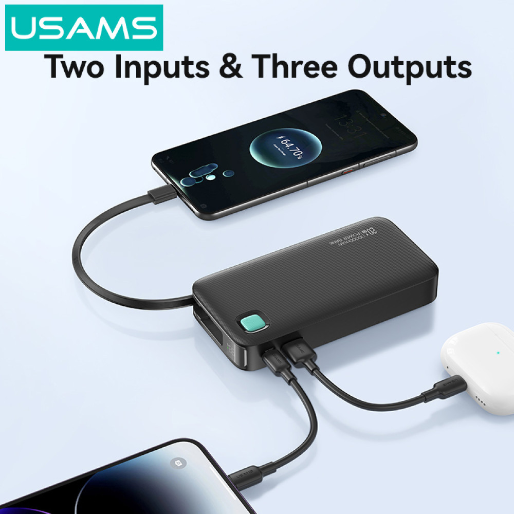 USAMS power bank CD224 με καλώδιο USB-C, 2x θύρες εξόδου, 10000mAh, 20W, μαύρο