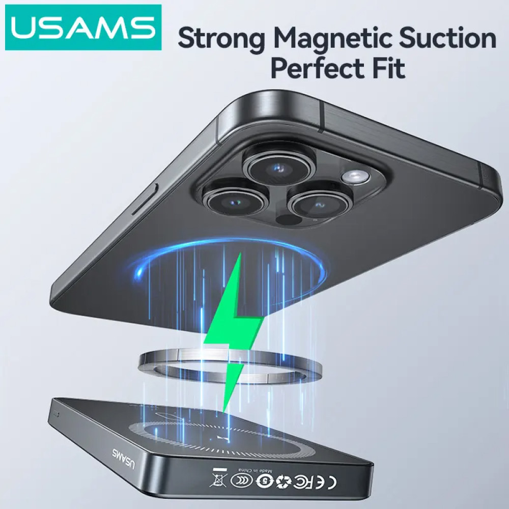 USAMS power bank CD242, magnetic wireless, USB-C έξοδος, 10000mAh, 20W, γκρι