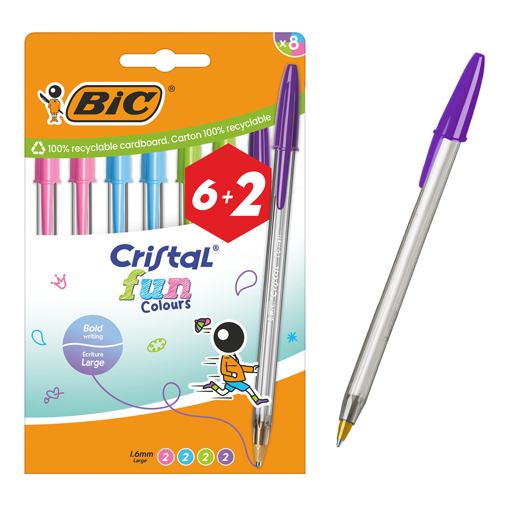 BIC στυλό διαρκείας ballpoint Cristal Fun Colours, 1.6mm μύτη, διάφορα χρώματα, 8τμχ
