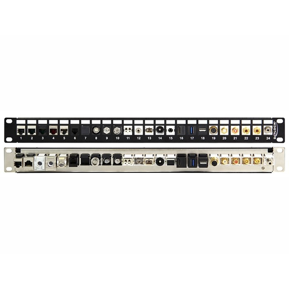 DELOCK keystone patch panel 43277, 19"/1U, 24 ports, μαύρο