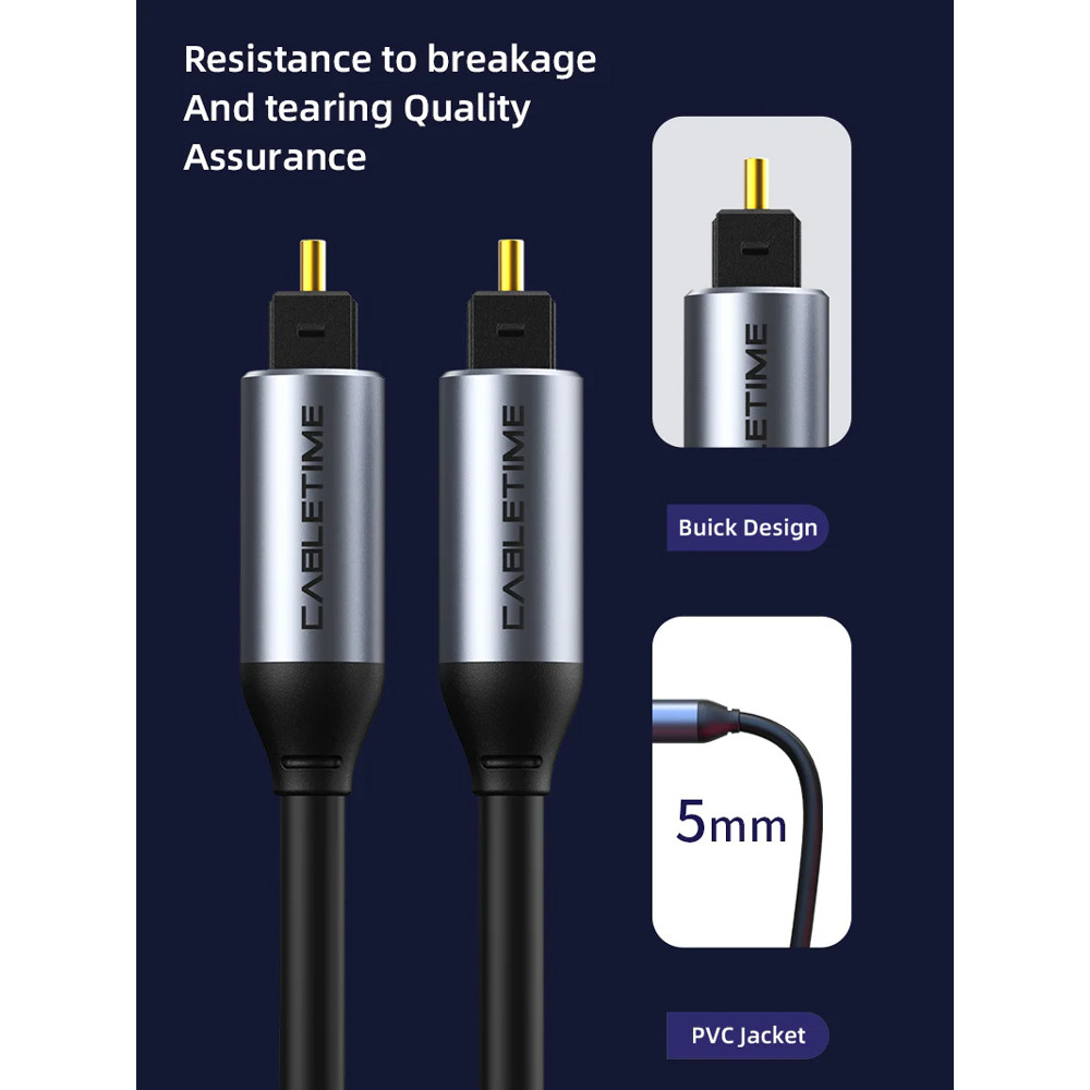 CABLETIME καλώδιο ήχου Toslink CT-AV380-P04GN, gold plated, 5mm, 1m, μαύρο