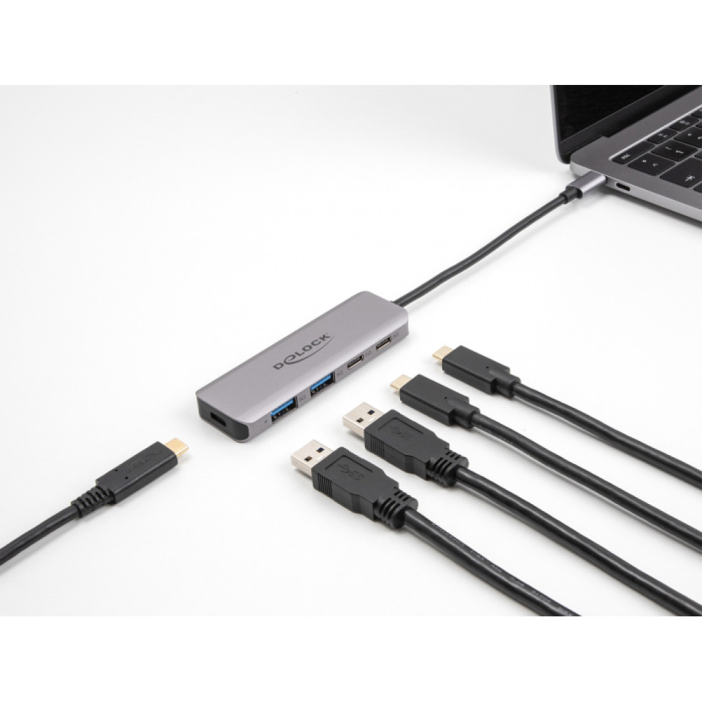 DELOCK USB hub 64239, 4x θυρών, 5Gbps, USB-C σύνδεση, γκρι