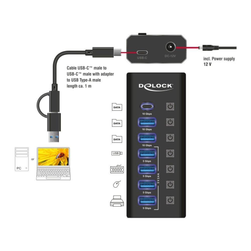 DELOCK USB hub 64326 με διακόπτες, 7x θυρών, 10Gbps, USB/USB-C σύνδεση, μαύρο