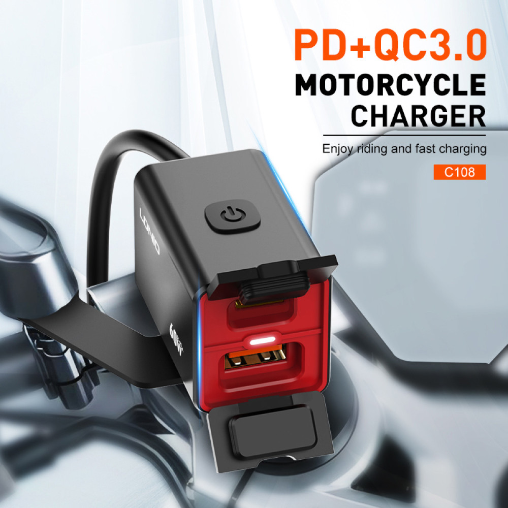 LDNIO φορτιστής μοτοσυκλέτας C108 με καλώδιο, USB/USB-C, 60W, μαύρος