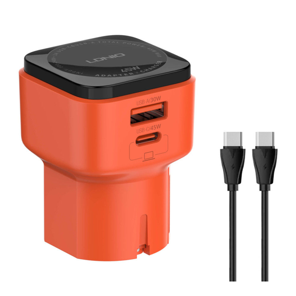 LDNIO φορτιστής τοίχου Q2420 με καλώδιο, USB/USB-C, 45W, universal πρίζα, πορτοκαλί