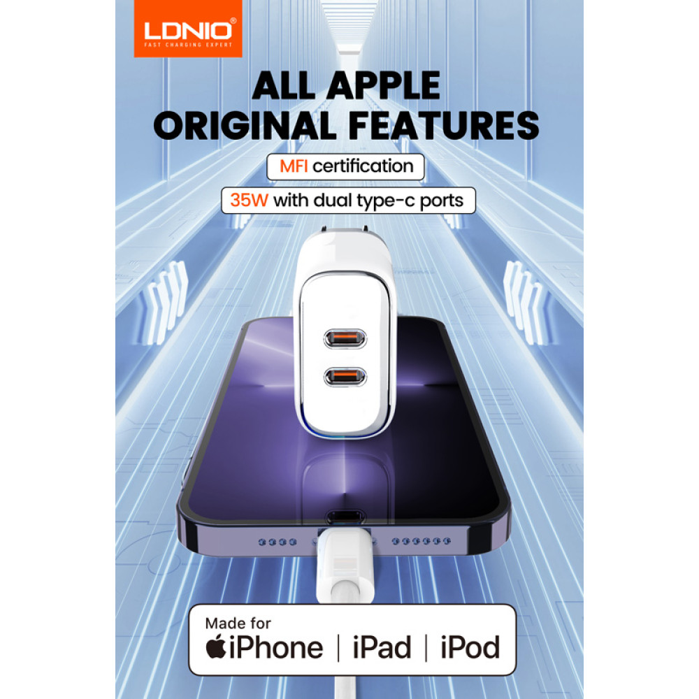 LDNIO φορτιστής τοίχου A2528M με καλώδιο, 2x USB-C, 35W, MFi, λευκό