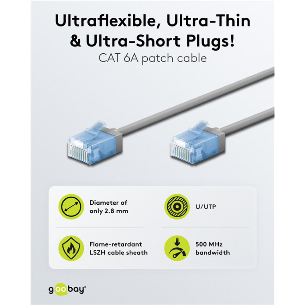GOOBAY καλώδιο δικτύου 74228, CAT 6A U/UTP, ultra slim, copper, 500MHz, 15m, γκρι
