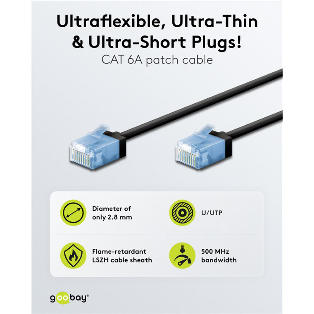 GOOBAY καλώδιο δικτύου 74230, CAT 6A U/UTP, ultra slim, copper, 500MHz, 0.15m, μαύρο