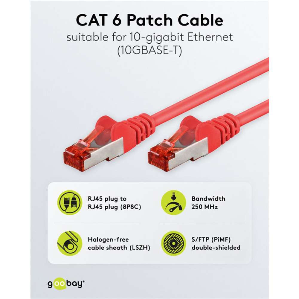 GOOBAY καλώδιο δικτύου 92458, CAT 6 S/FTP, copper, 250MHz, 0.15m, κόκκινο