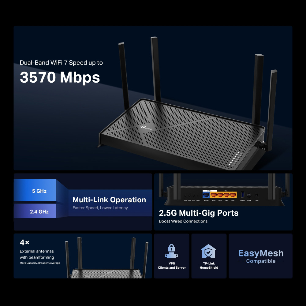 TP-LINK router Archer BE230, WiFi 7, 3600Mbps BE3600, Dual Band, V2.0