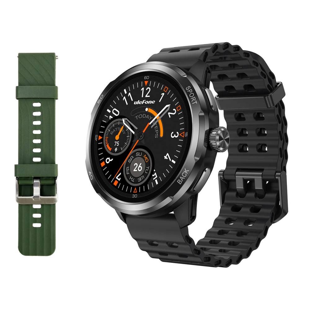 ULEFONE smartwatch Armor Watch Pro, 2x λουράκια, heart rate, 1.50" AMOLED, GPS, 5 ΑΤΜ/IP68/IP69K/MIL-STD-810H, μαύρο