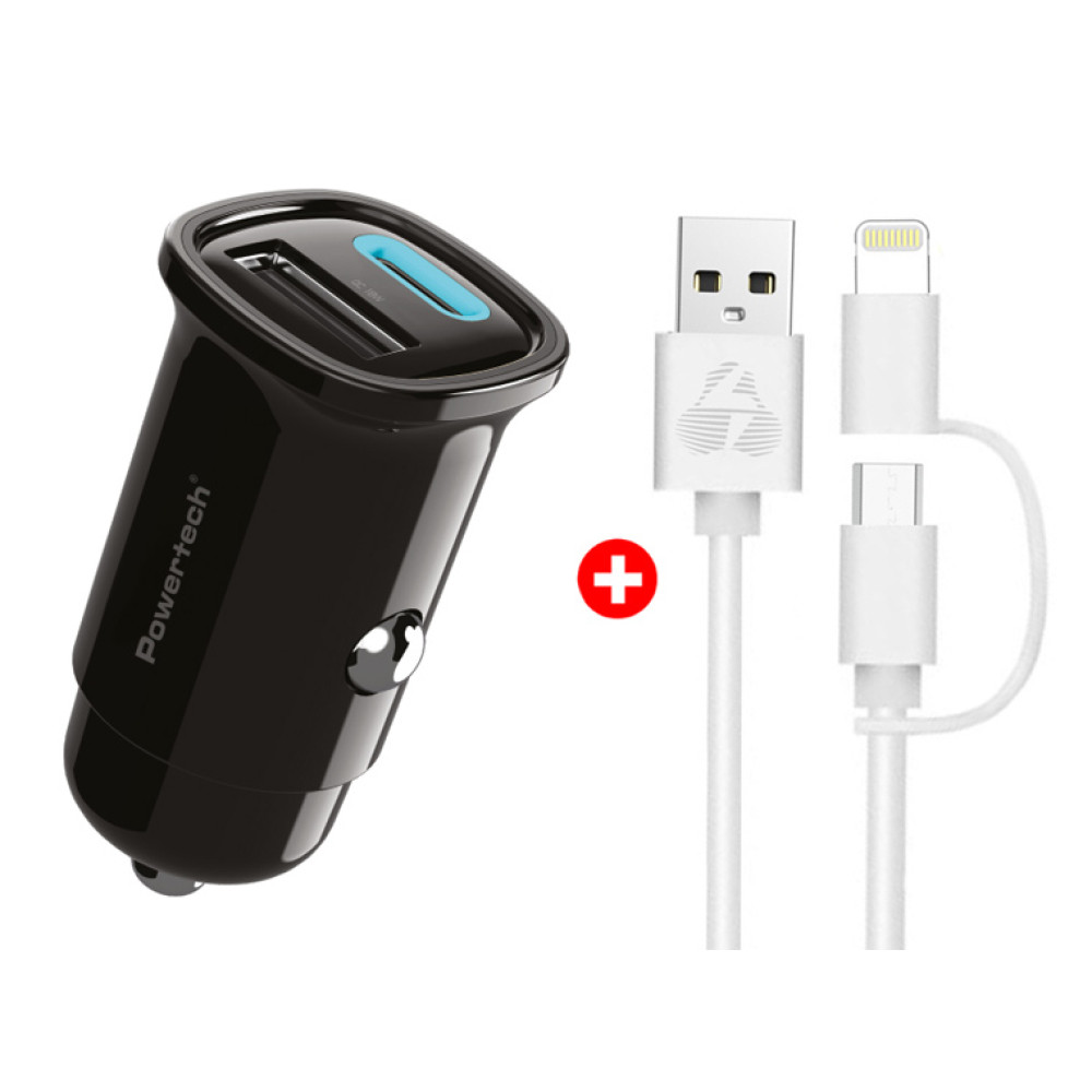 POWERTECH φορτιστής αυτοκινήτου με καλώδιο MFi USB σε micro USB/Lightning BNDL-0206, USB & USB-C, 30W, μαύρο/λευκό