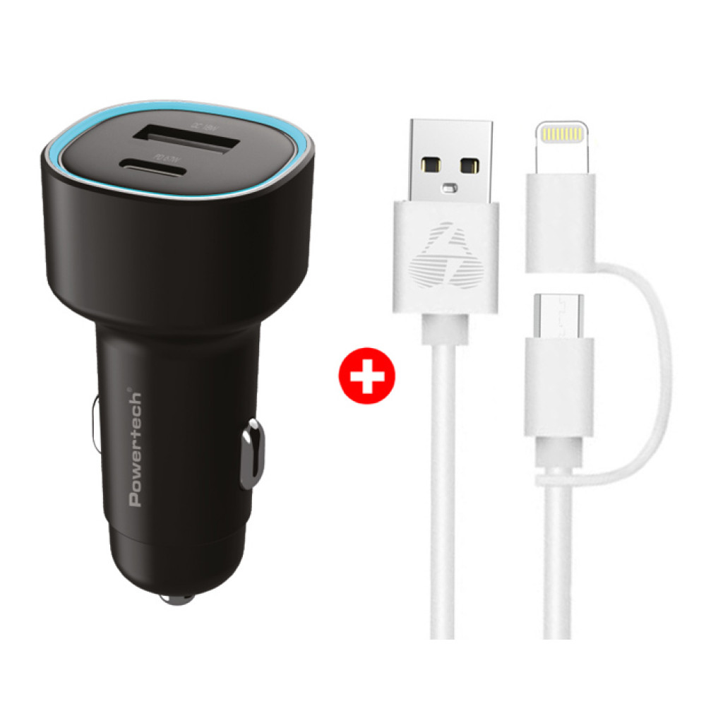 POWERTECH φορτιστής αυτοκινήτου με καλώδιο MFi USB σε micro USB/Lightning BNDL-0207, USB & USB-C, 85W, μαύρο/λευκό