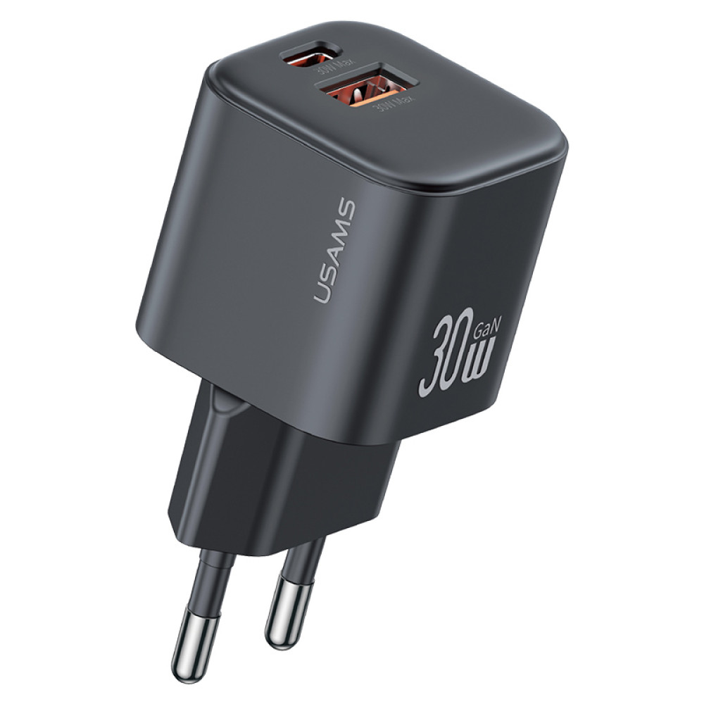 USAMS φορτιστής τοίχου CC263, USB & USB-C, 30W, GaN, μαύρος