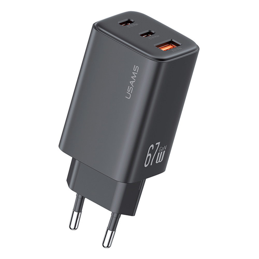 USAMS φορτιστής τοίχου CC265, USB & 2x USB-C, 67W, GaN, μαύρος