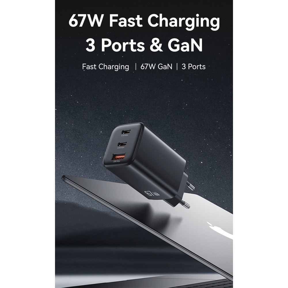 USAMS φορτιστής τοίχου CC265, USB & 2x USB-C, 67W, GaN, λευκός