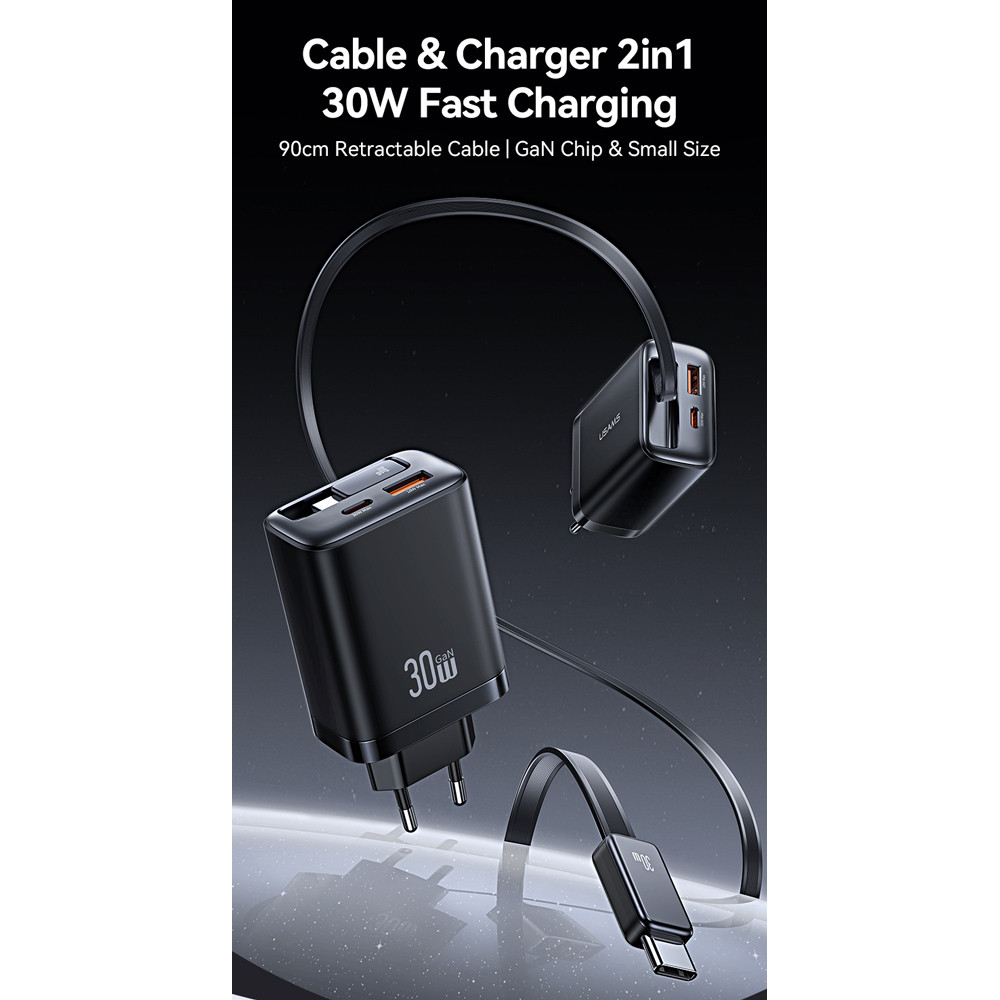 USAMS φορτιστής τοίχου CC296 με καλώδιο, USB & USB-C, 30W, μαύρος