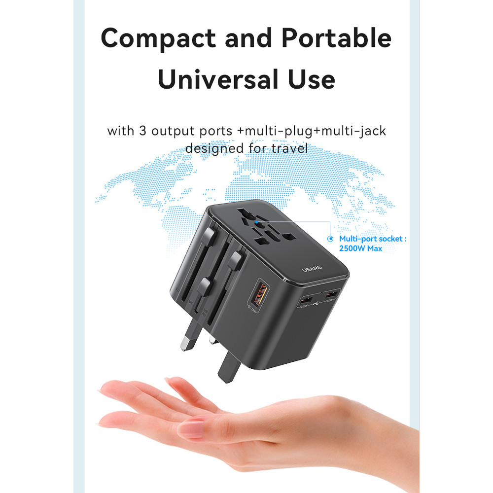 USAMS φορτιστής/αντάπτορας πρίζας CC309, USB & 2x USB-C, universal, 25W, μαύρος