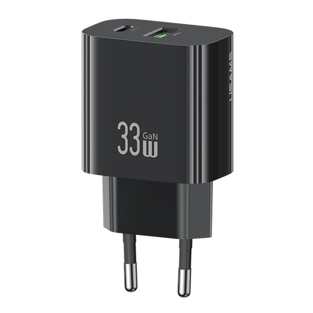 USAMS φορτιστής τοίχου CC317, USB & USB-C, 33W, GaN, μαύρος
