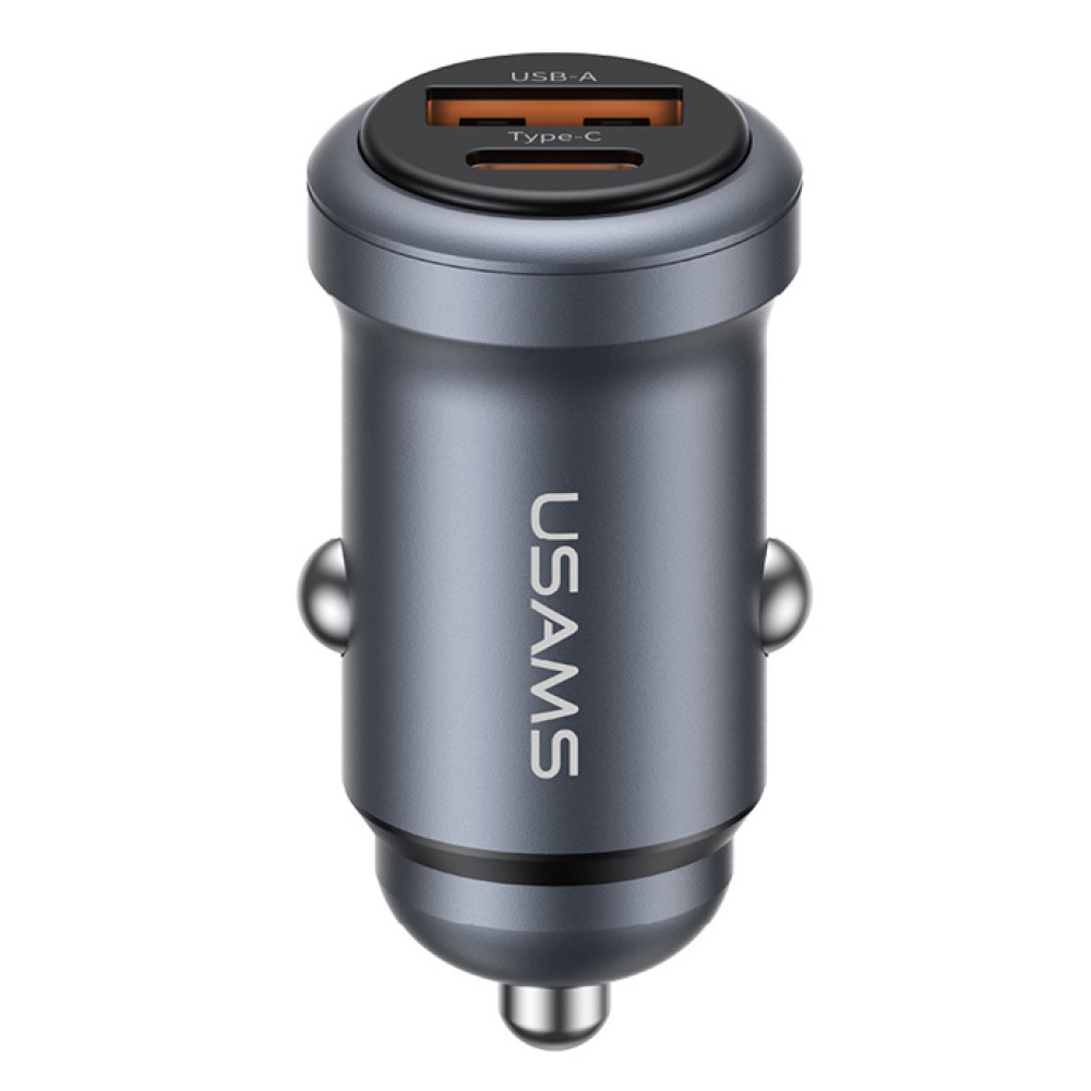 USAMS φορτιστής αυτοκινήτου CC322, USB & USB-C, 30W, γκρι