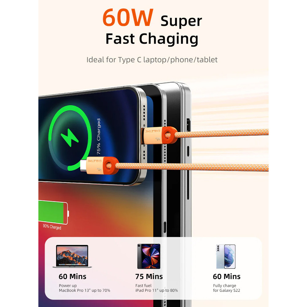 CABLETIME καλώδιο USB-C CT-CM60-PBW, 60W PD, 480Mbps, 0.25m, μαύρο