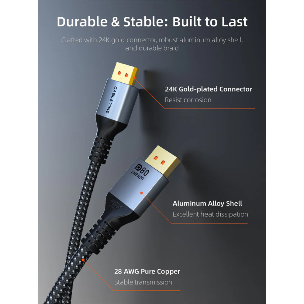 CABLETIME καλώδιο DisplayPort 2.1 CT-DP16K, VESA Certified, 16K/60Hz, 80 Gbps, 2m, μαύρο