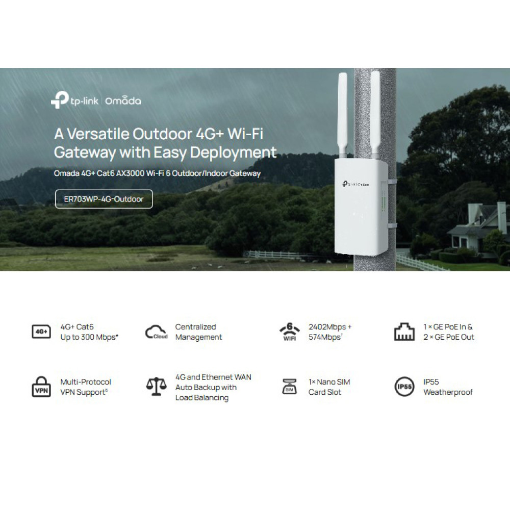 TP-LINK access point ER703WP-4G-Outdoor, WiFi 6, 3000Mbps AX3000, 4G+ Cat6, V1.0