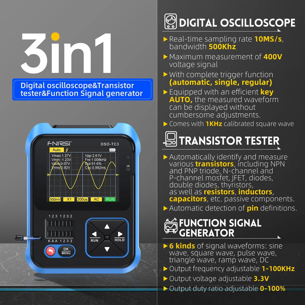 FNIRSI 3 σε 1 παλμογράφος/signal generator/transistor tester χειρός DSO-TC3, επαναφορτιζόμενο