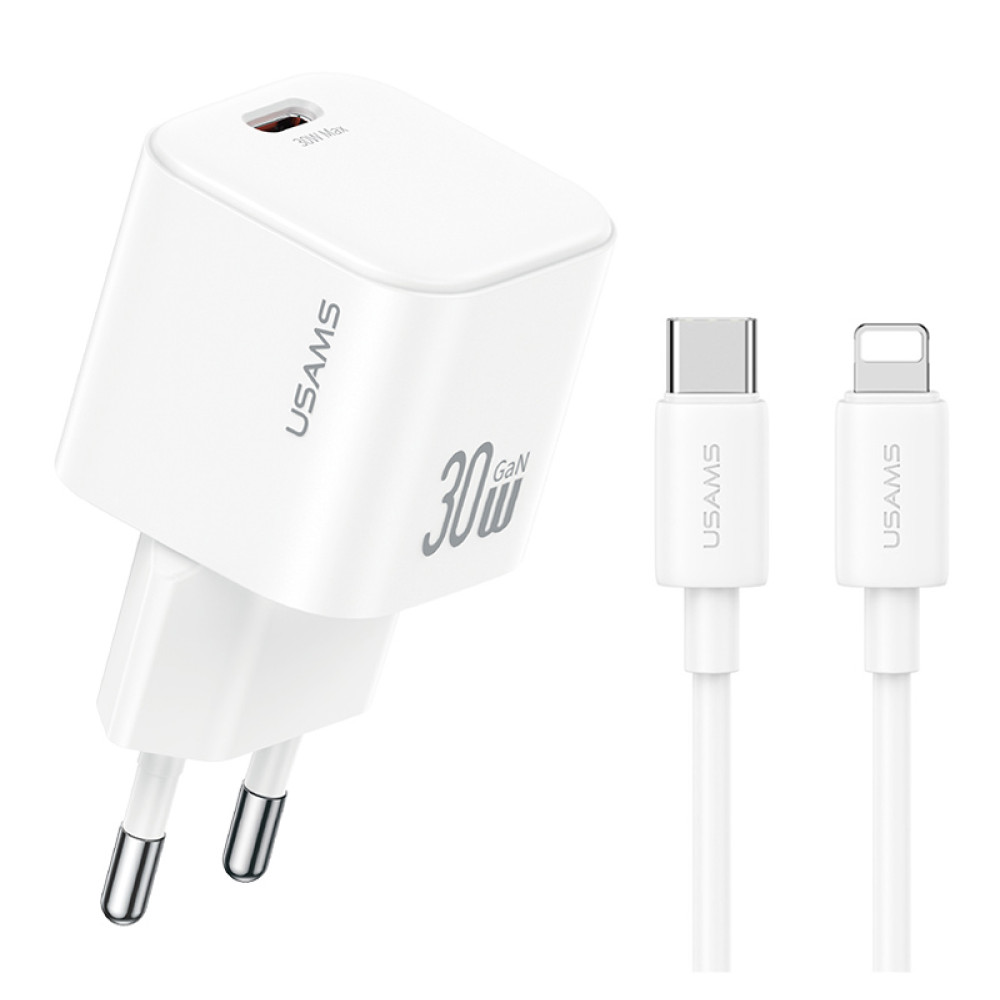 USAMS φορτιστής τοίχου CC262 με καλώδιο Lightning, 30W, GaN, λευκός