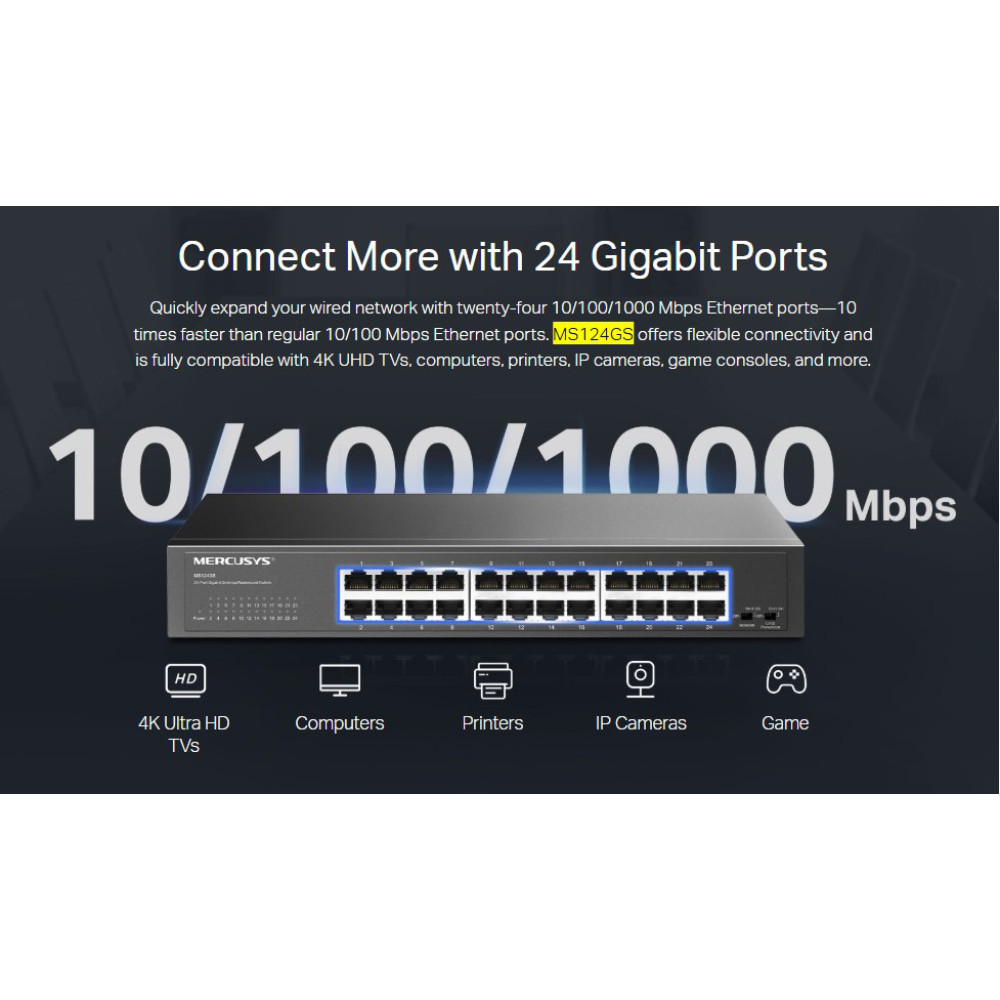 MERCUSYS desktop/rackmount switch MS124GS, 24x Gigabit θύρες, V1.0