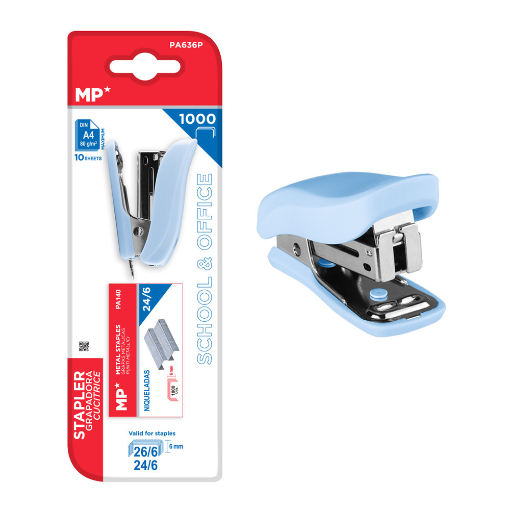 MP mini συρραπτικό PA636P με ανταλλακτικά, 24/6 - 26/6, 10 φύλλα, μπλε