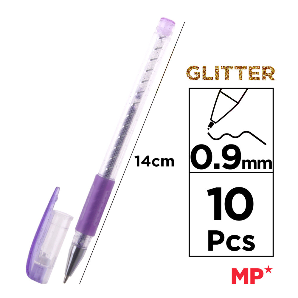 MP σετ στυλό διαρκείας ballpoint PE105 με glitter, 0.9mm, διάφορα χρώματα, 10τμχ
