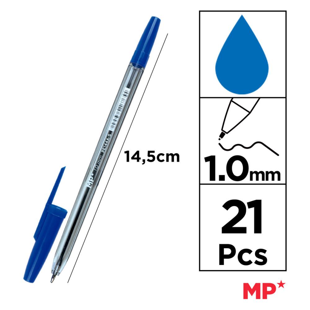 MP σετ στυλό ballpoint PE144OA, 1mm, μπλε, 21τμχ