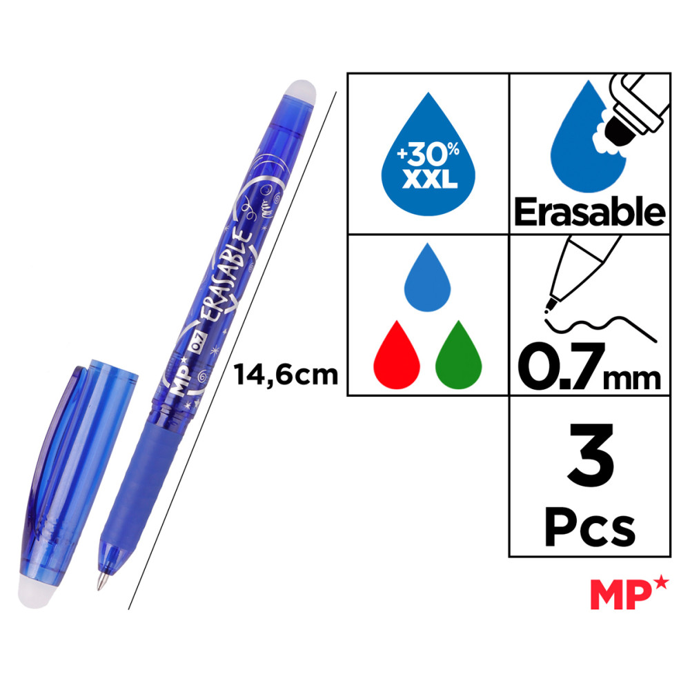 MP σετ στυλό διαρκείας PE217-1, erasable, 0.7mm, μπλε/πράσινο/κόκκινο, 3τμχ